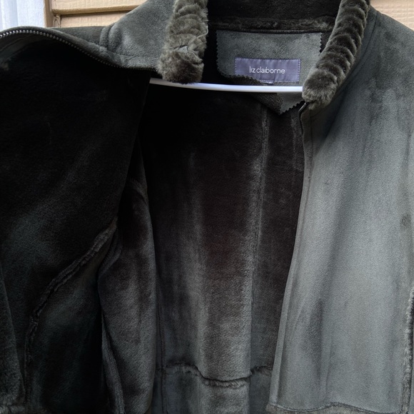 Liz Claiborne Faux Sued Green Faux Fur Coat Jacket - Picture 5 of 8